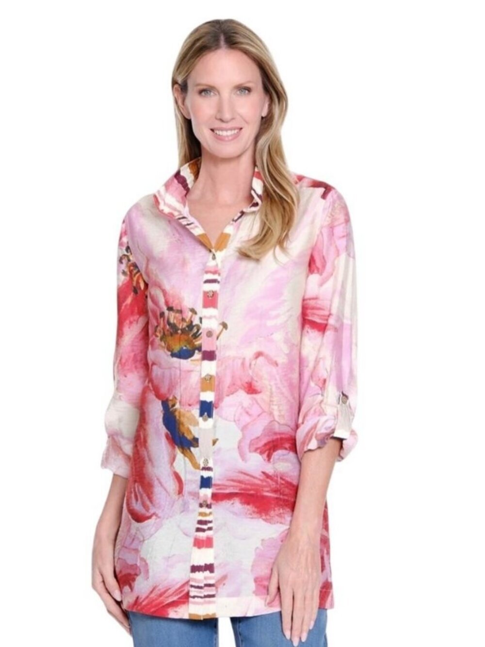 John Mark 3X Pink Watercolor Floral Silky Button-Front Tunic Blouse or Dress Art